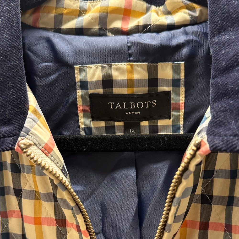 Talbots Multicolor Quilted Plaid Jacket with Navy Corduroy Collar - Picture 2 of 6
